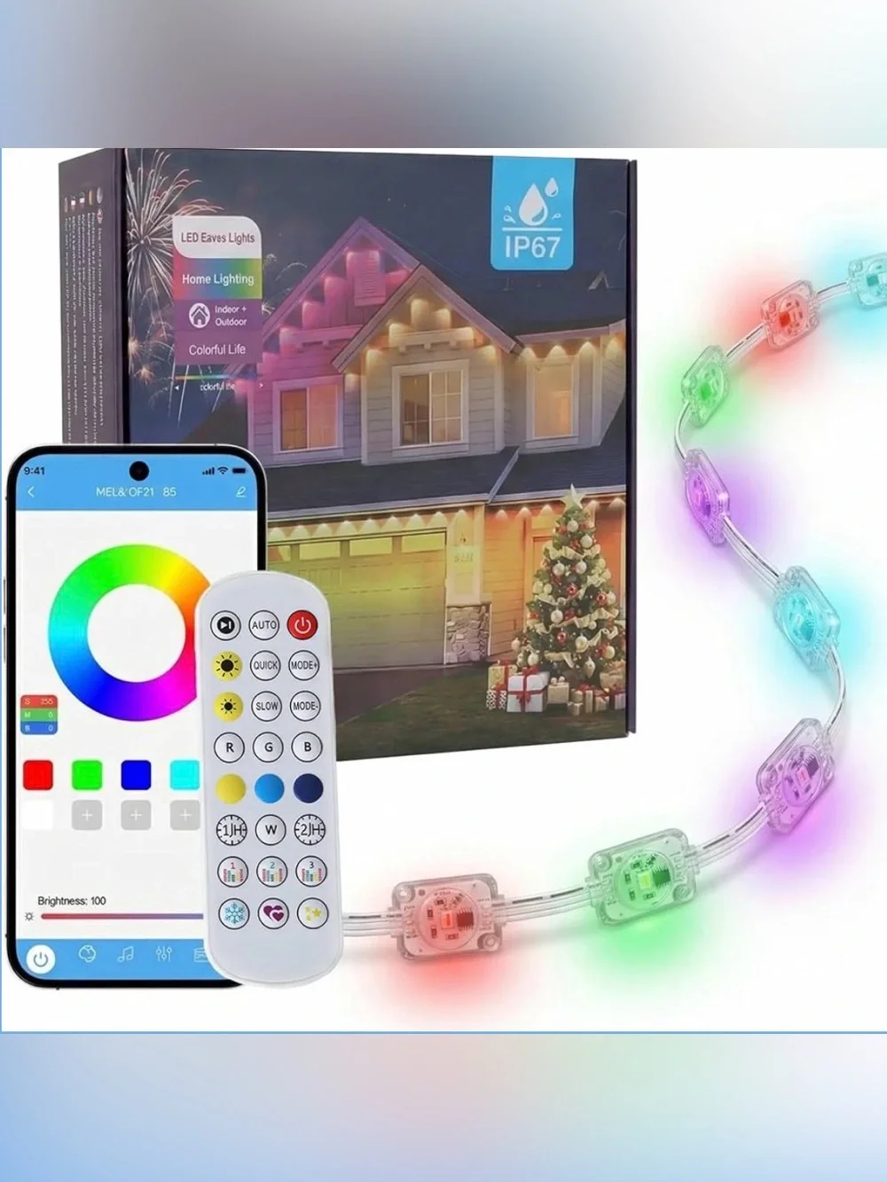 100 FT Permanent Outdoor LED Lights – Smart App + Remote – Color Changing